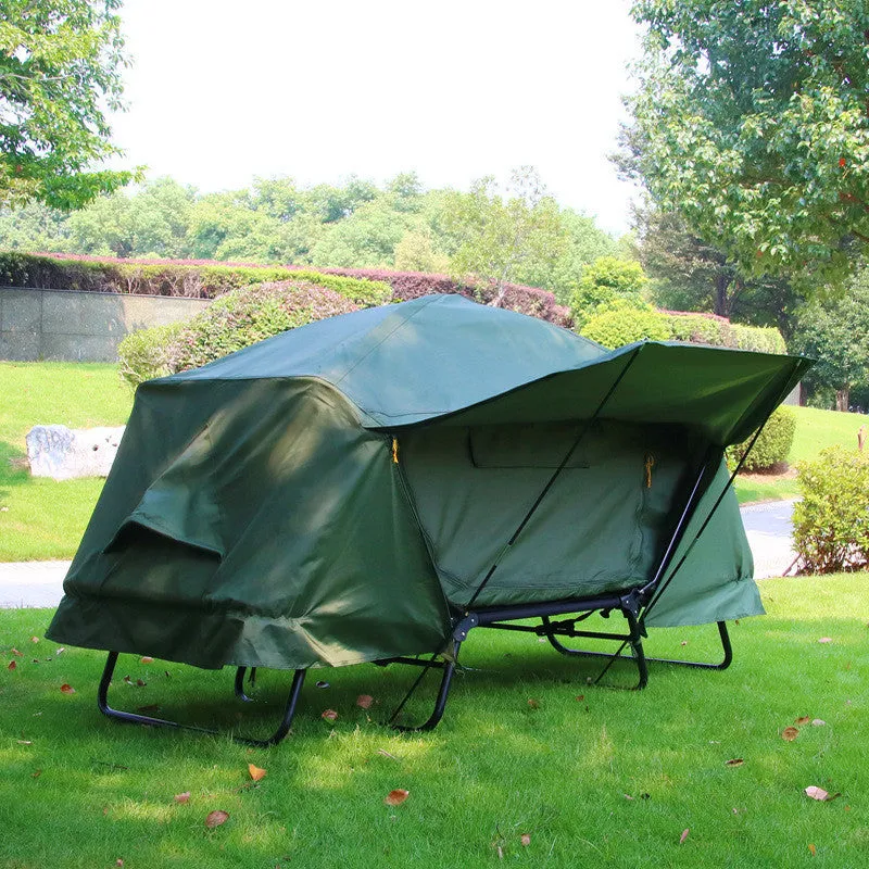 Outdoor thickened Oxford cloth insulated off ground tent for two camping and fishing, double decker, steel rods, 210x120x120cm, military green