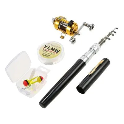 Collapsed and extended view of a gold portable telescopic pocket fishing rod kit with drum.