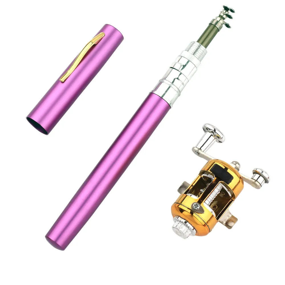 Collapsed and extended view of a gold portable telescopic pocket fishing rod kit with drum.
