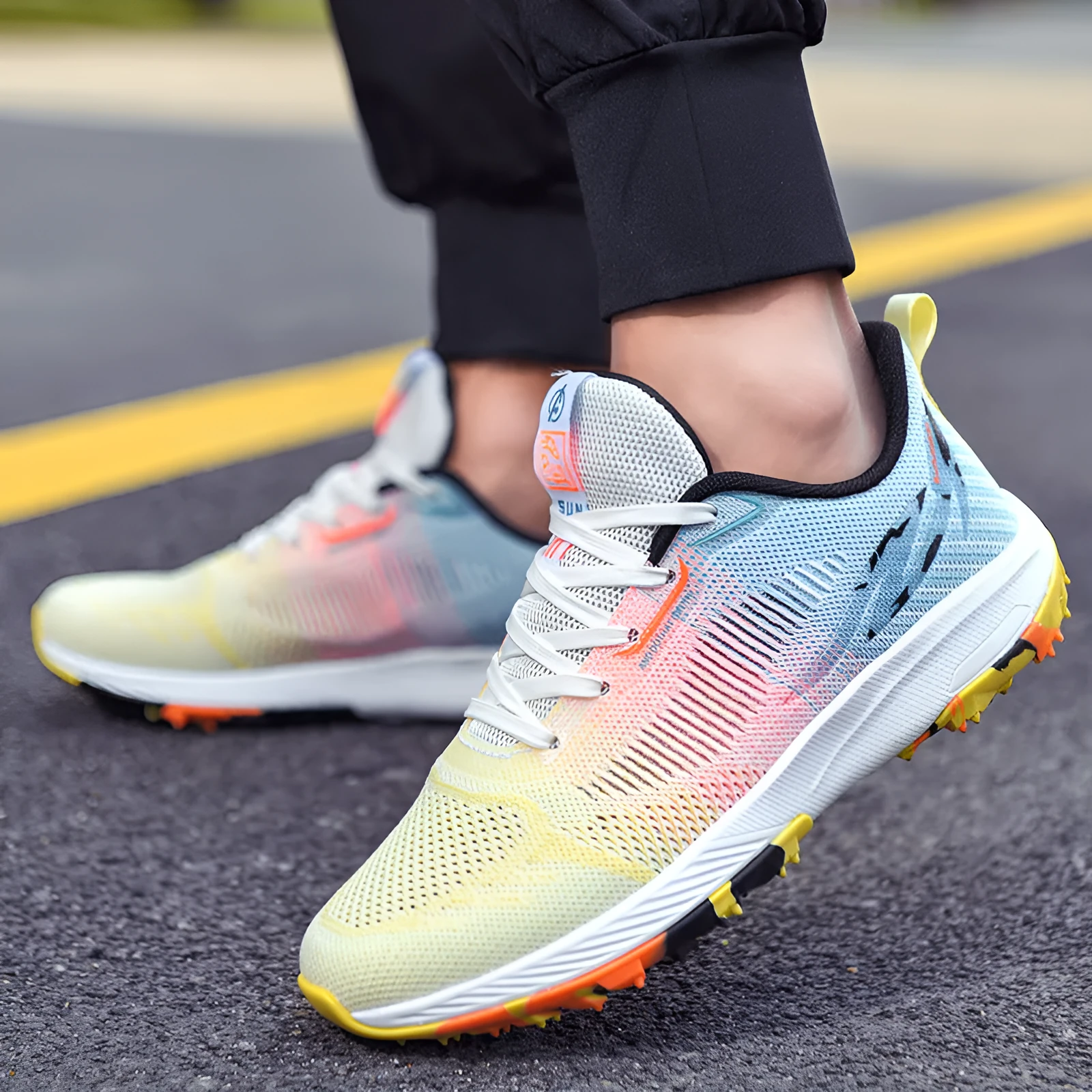 Lightweight mesh training sneakers for men and women in low top white blue colour