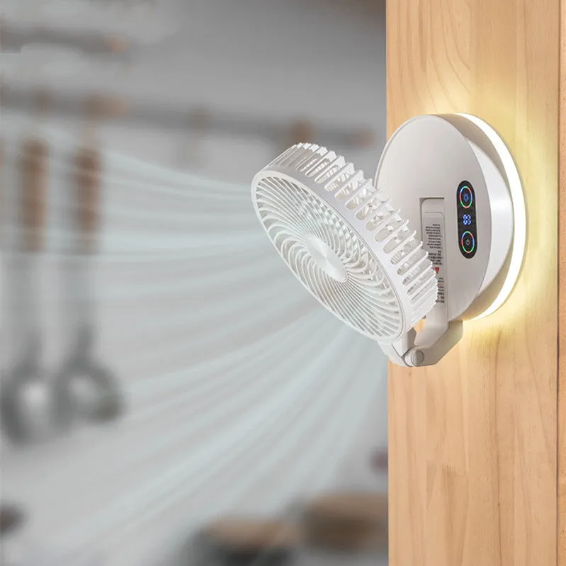 White folding USB rechargeable fan with 7 blades and remote control placed on a table