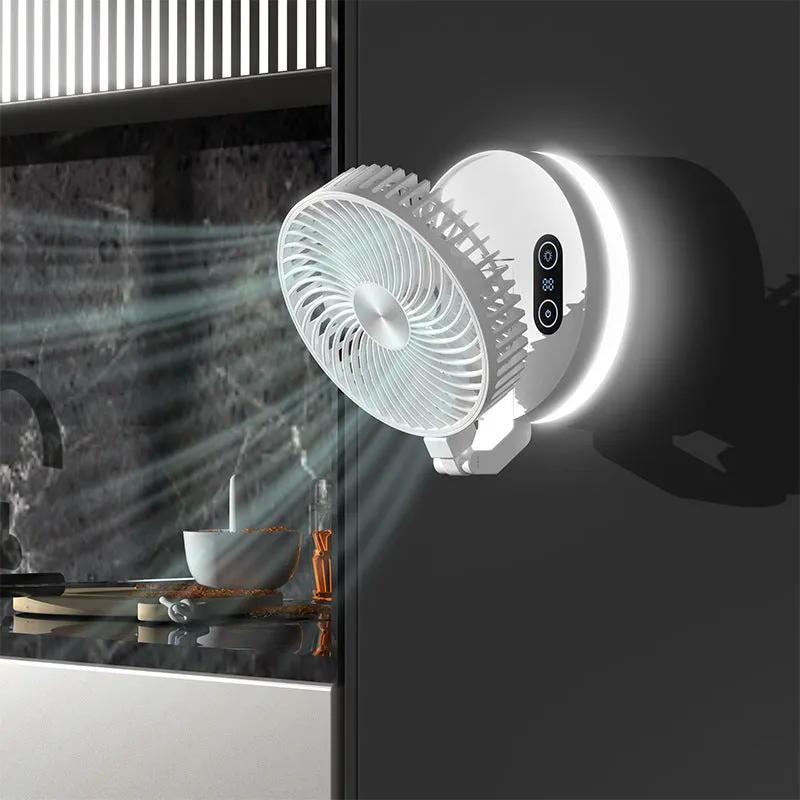 White folding USB rechargeable fan with 7 blades and remote control placed on a table