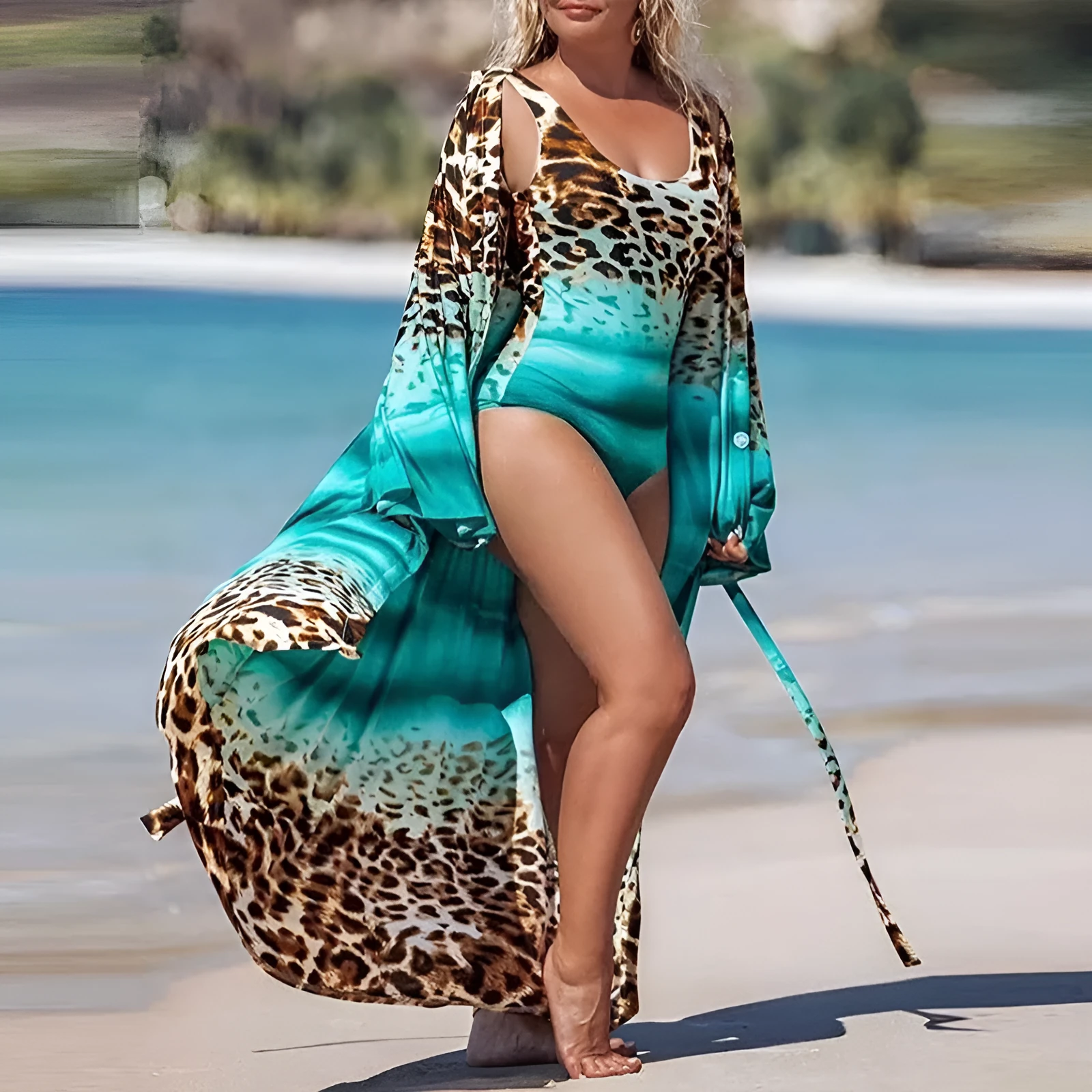 Women's leopard print blouse bikini set with wide leg pants, red colour, front view S-XL sizes