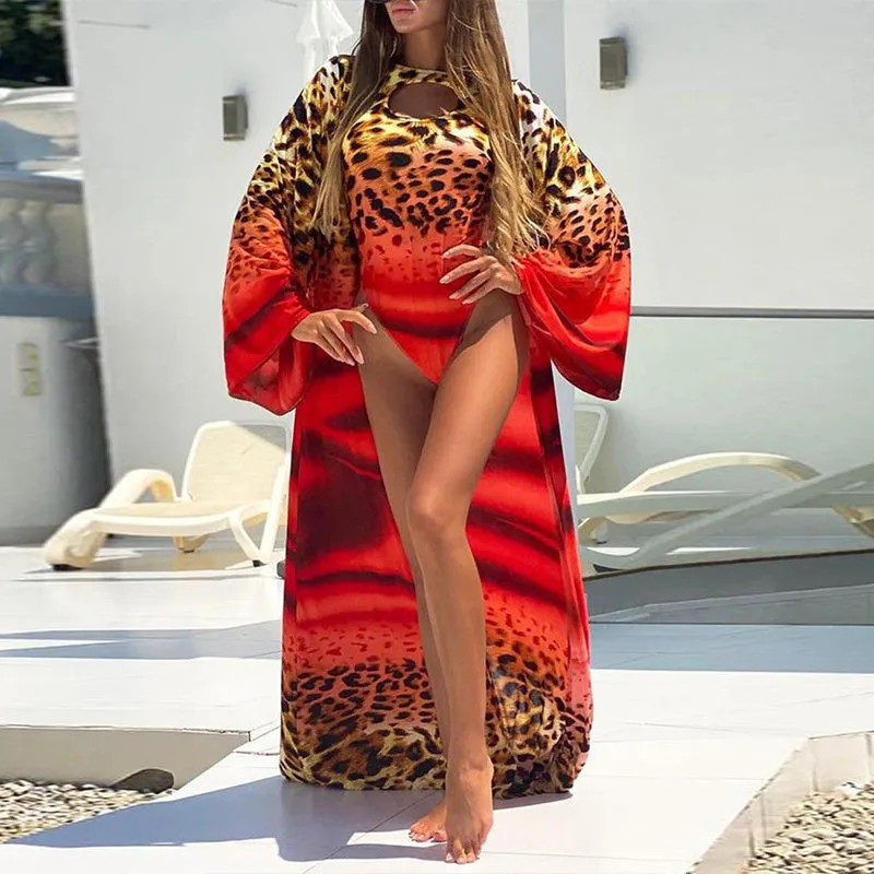 Women's leopard print blouse bikini set with wide leg pants, red colour, front view S-XL sizes