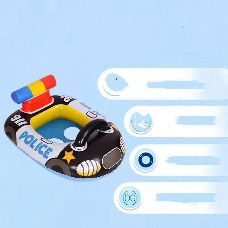 Children's black PVC inflatable swimming ring shaped like a police car with anti-rollover cushion