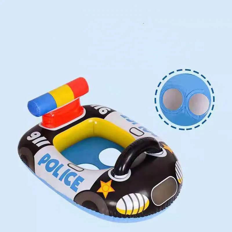 Children's black PVC inflatable swimming ring shaped like a police car with anti-rollover cushion