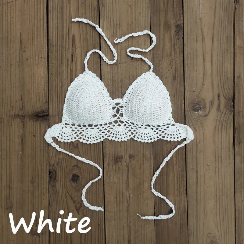 Womens boho crochet bra backless retro polka dot cotton blend chest pad no steel support