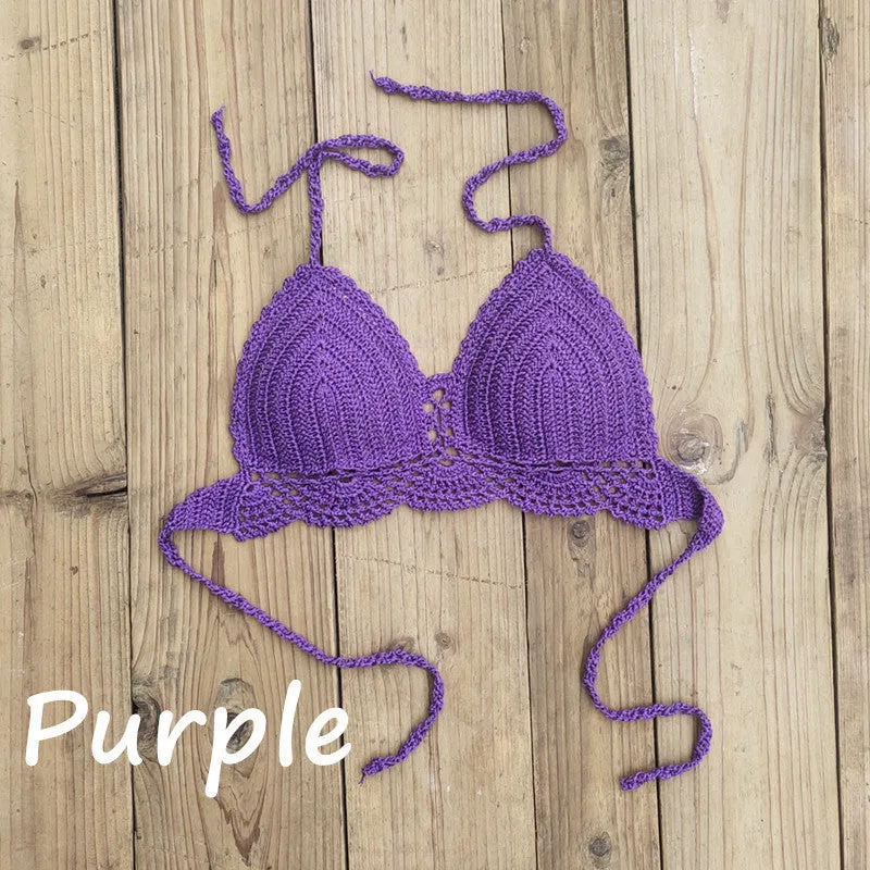 Womens boho crochet bra backless retro polka dot cotton blend chest pad no steel support