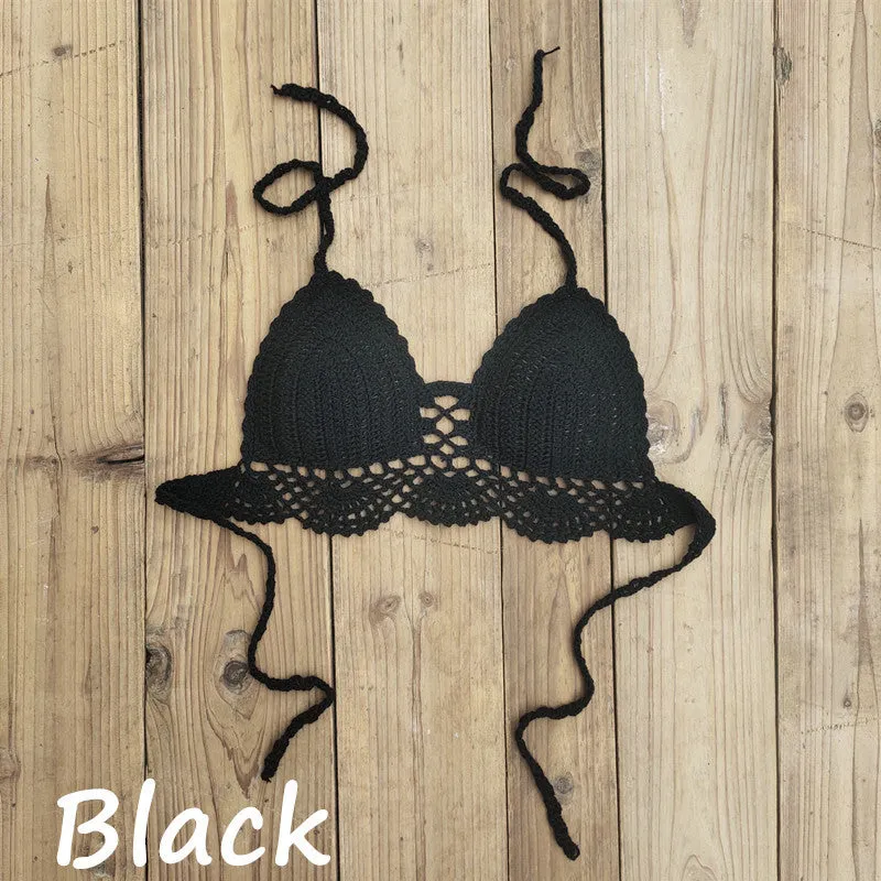 Womens boho crochet bra backless retro polka dot cotton blend chest pad no steel support