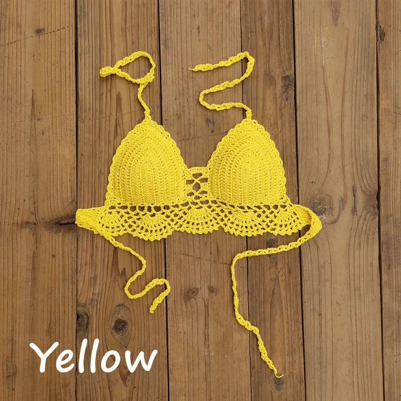 Womens boho crochet bra backless retro polka dot cotton blend chest pad no steel support
