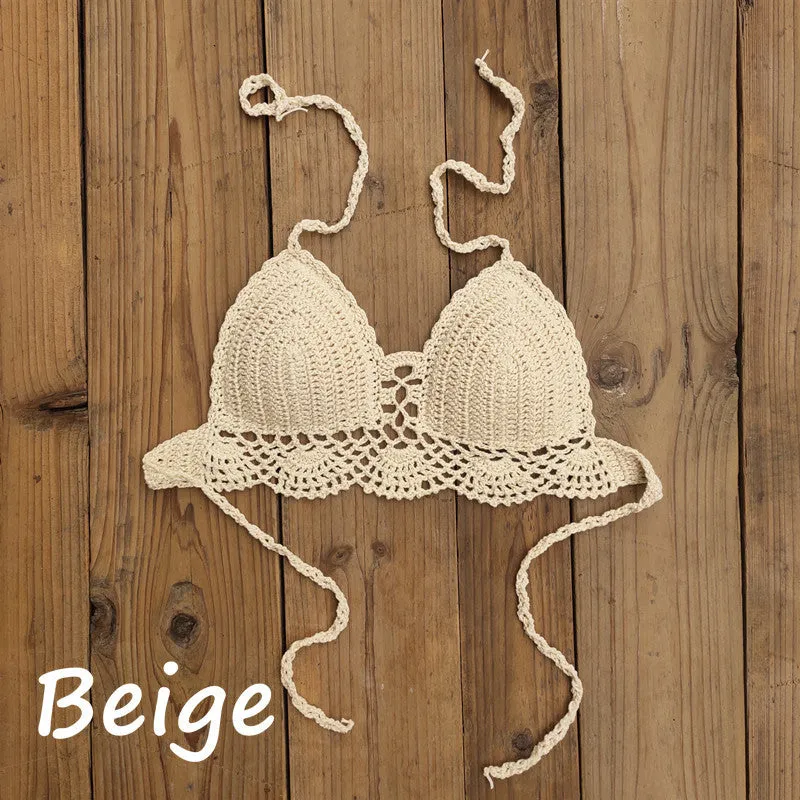 Womens boho crochet bra backless retro polka dot cotton blend chest pad no steel support