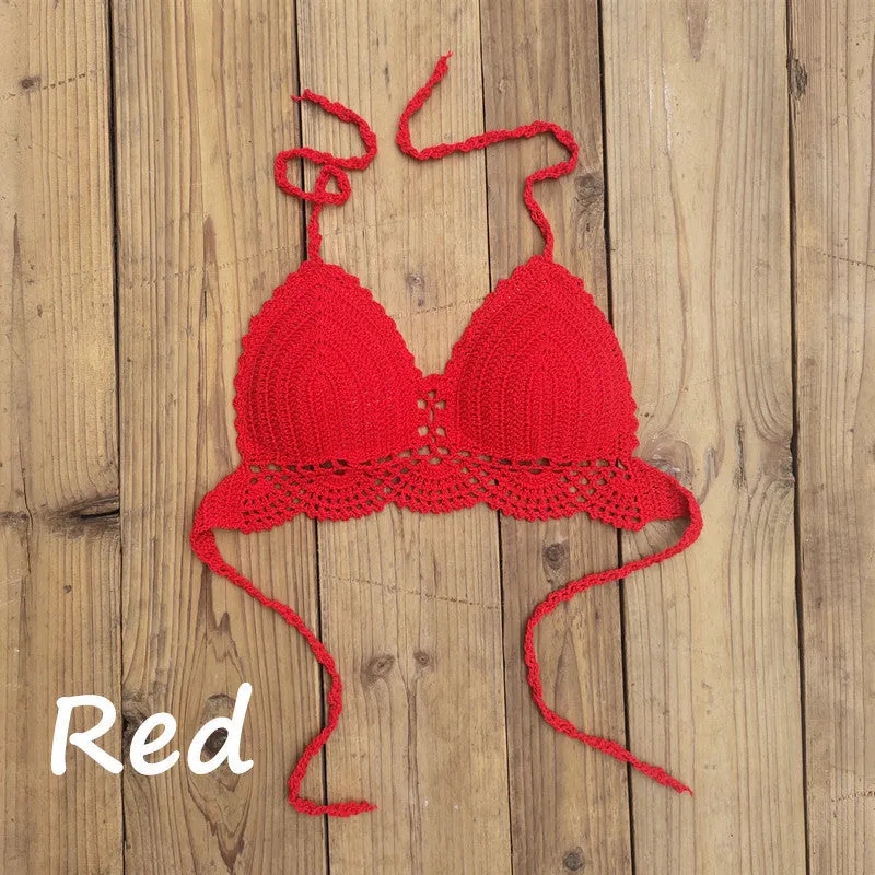 Womens boho crochet bra backless retro polka dot cotton blend chest pad no steel support