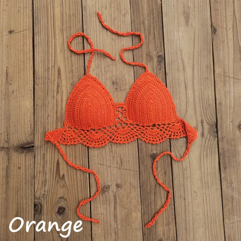 Womens boho crochet bra backless retro polka dot cotton blend chest pad no steel support