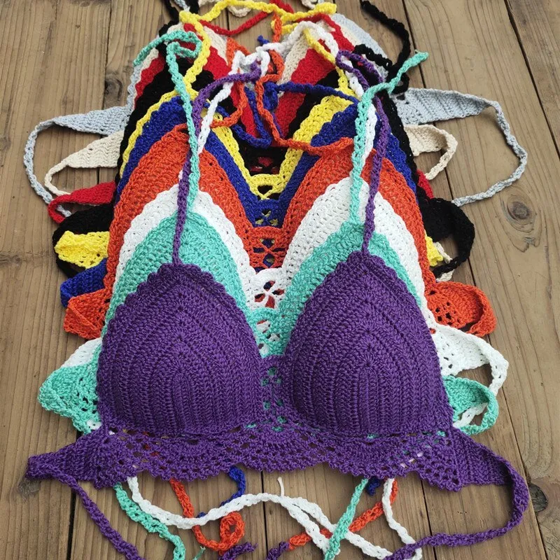 Womens boho crochet bra backless retro polka dot cotton blend chest pad no steel support