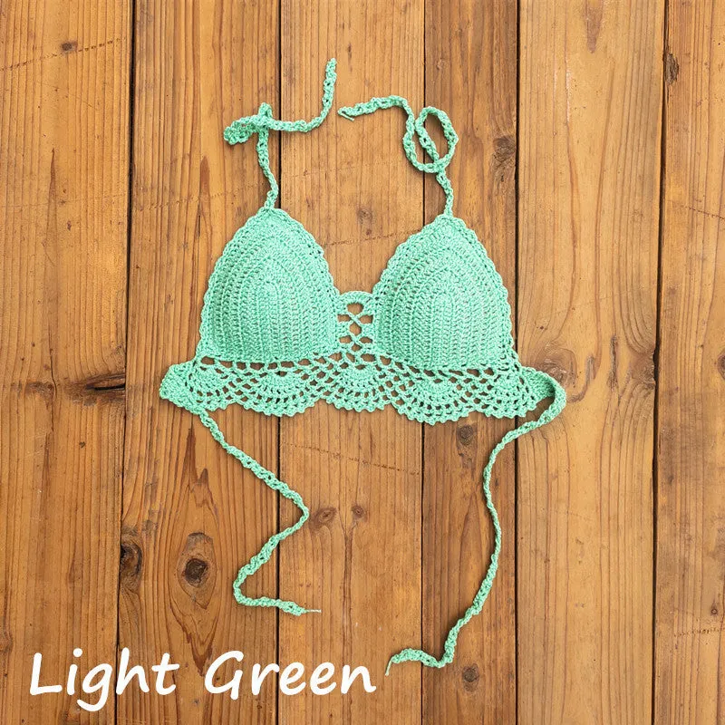 Womens boho crochet bra backless retro polka dot cotton blend chest pad no steel support