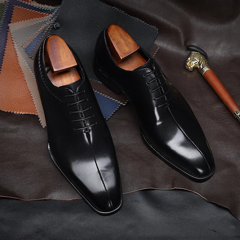 Men's formal pointed toe lace-up leather dress shoes in black and coffee colours cowhide upper rubber sole