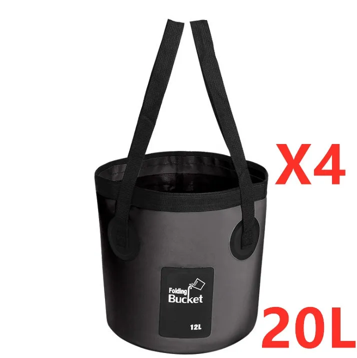 Yellow 20L folding PVC tarpaulin bucket open and standing on grass with water inside