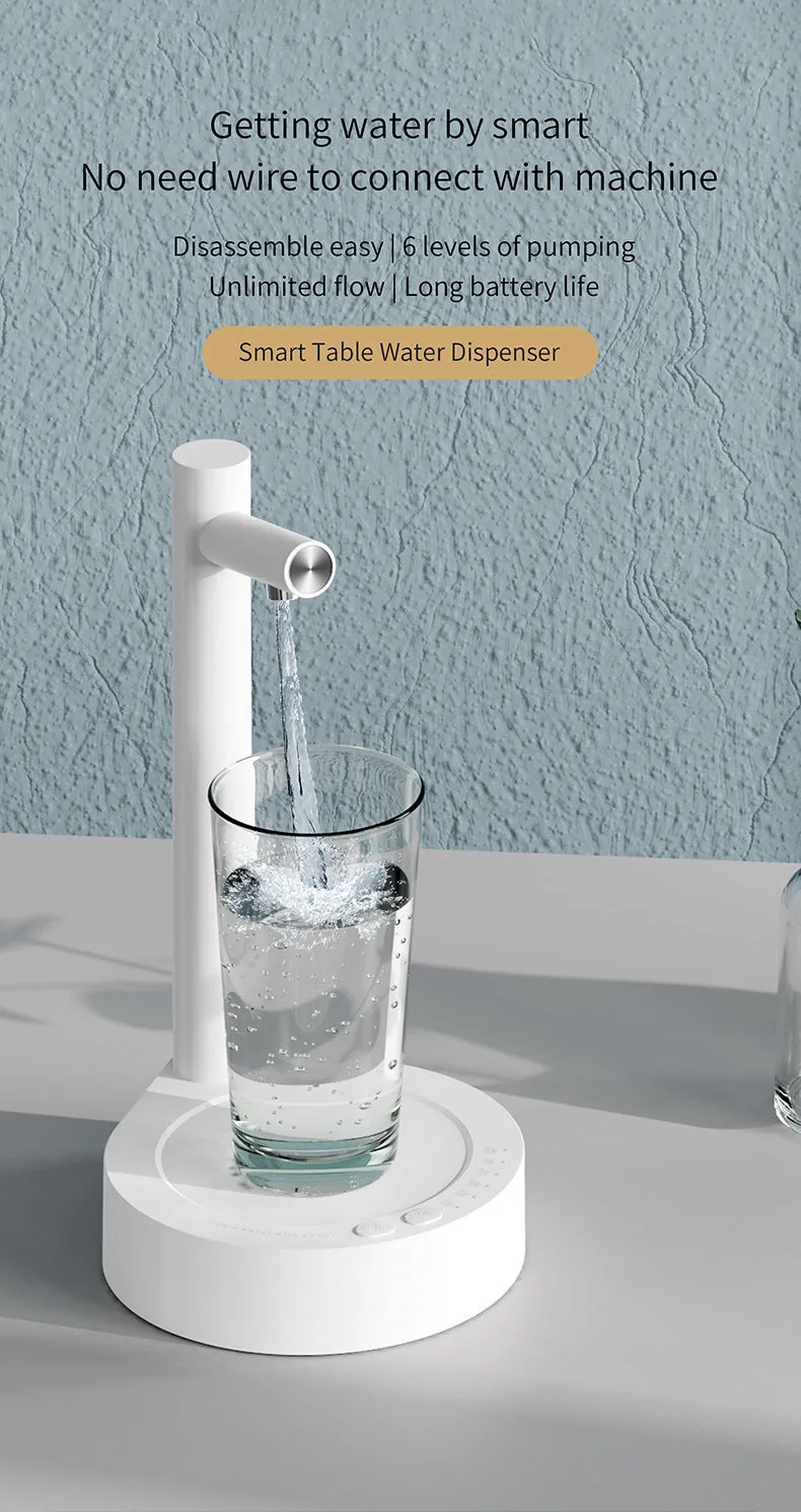 White desktop bottled water automatic pumping device with ABS shell and USB rechargeable battery on a bottle