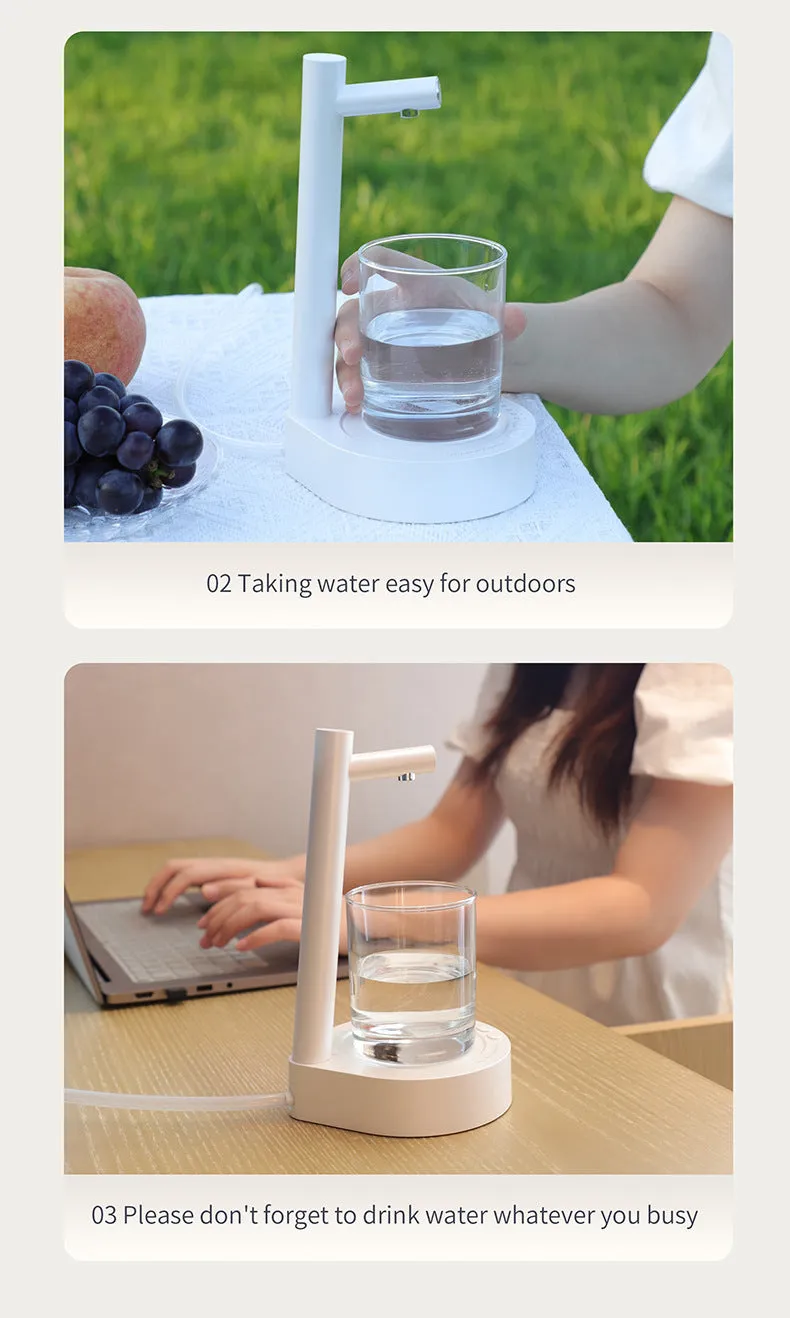 White desktop bottled water automatic pumping device with ABS shell and USB rechargeable battery on a bottle