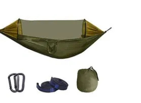 Automatic quick-opening double hammock with mosquito net and sun shades in Army Green Orange set up between trees outdoors
