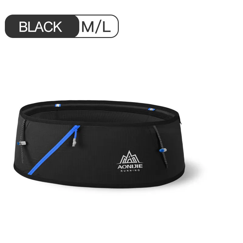 Sports waist bag in black with four-way stretch fabric, nylon and spandex, fits phone and keys