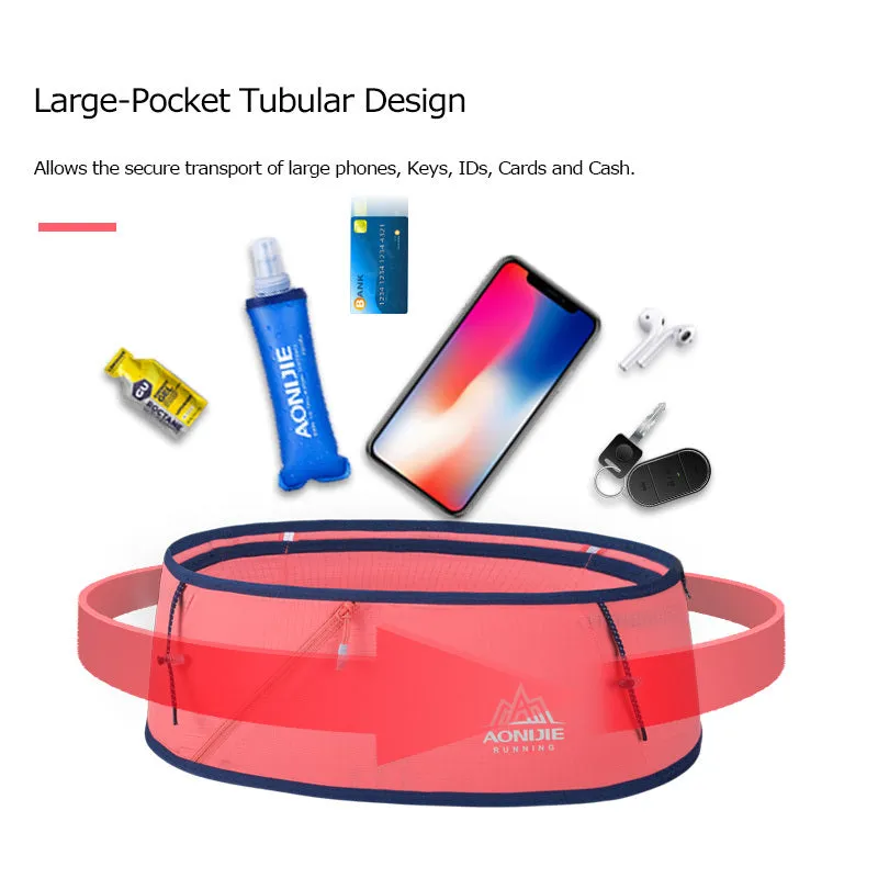 Sports waist bag in black with four-way stretch fabric, nylon and spandex, fits phone and keys