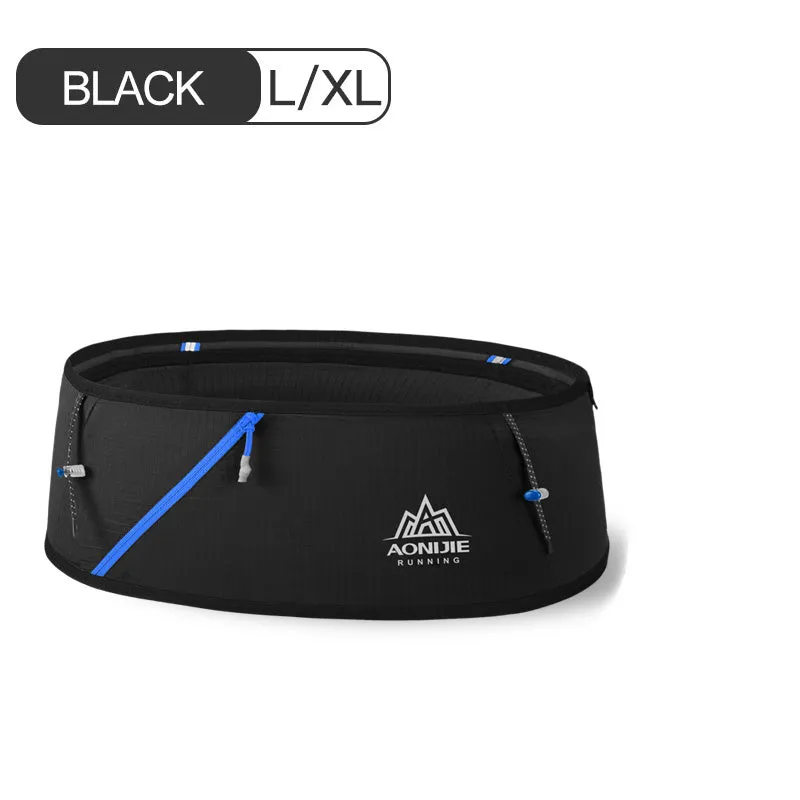 Sports waist bag in black with four-way stretch fabric, nylon and spandex, fits phone and keys