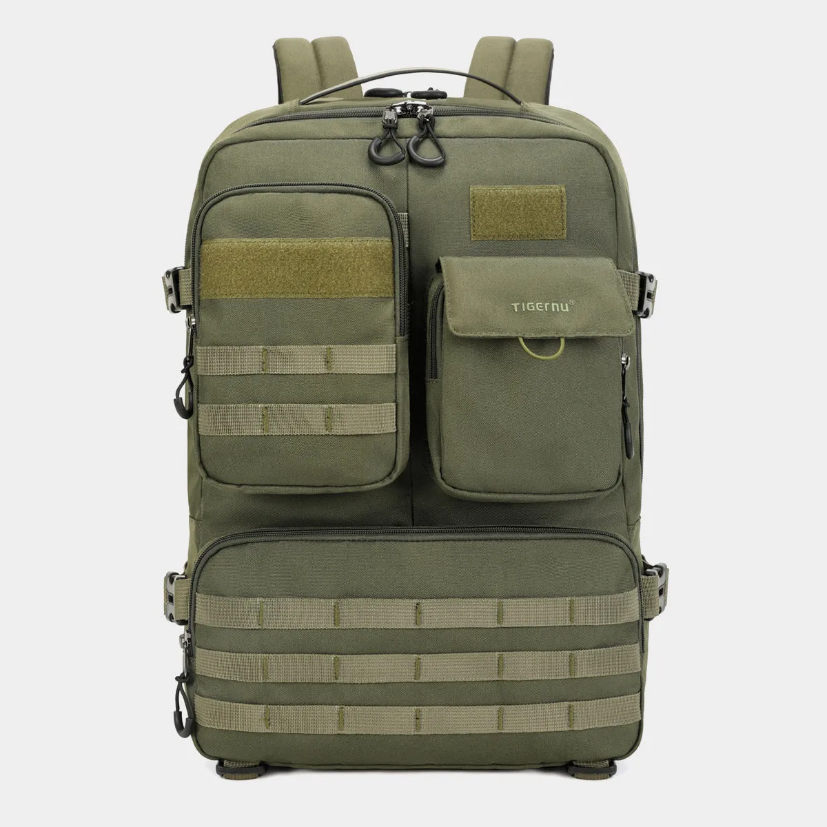 Army green waterproof tactical backpack with 17-inch frame and 20-35 litre capacity.