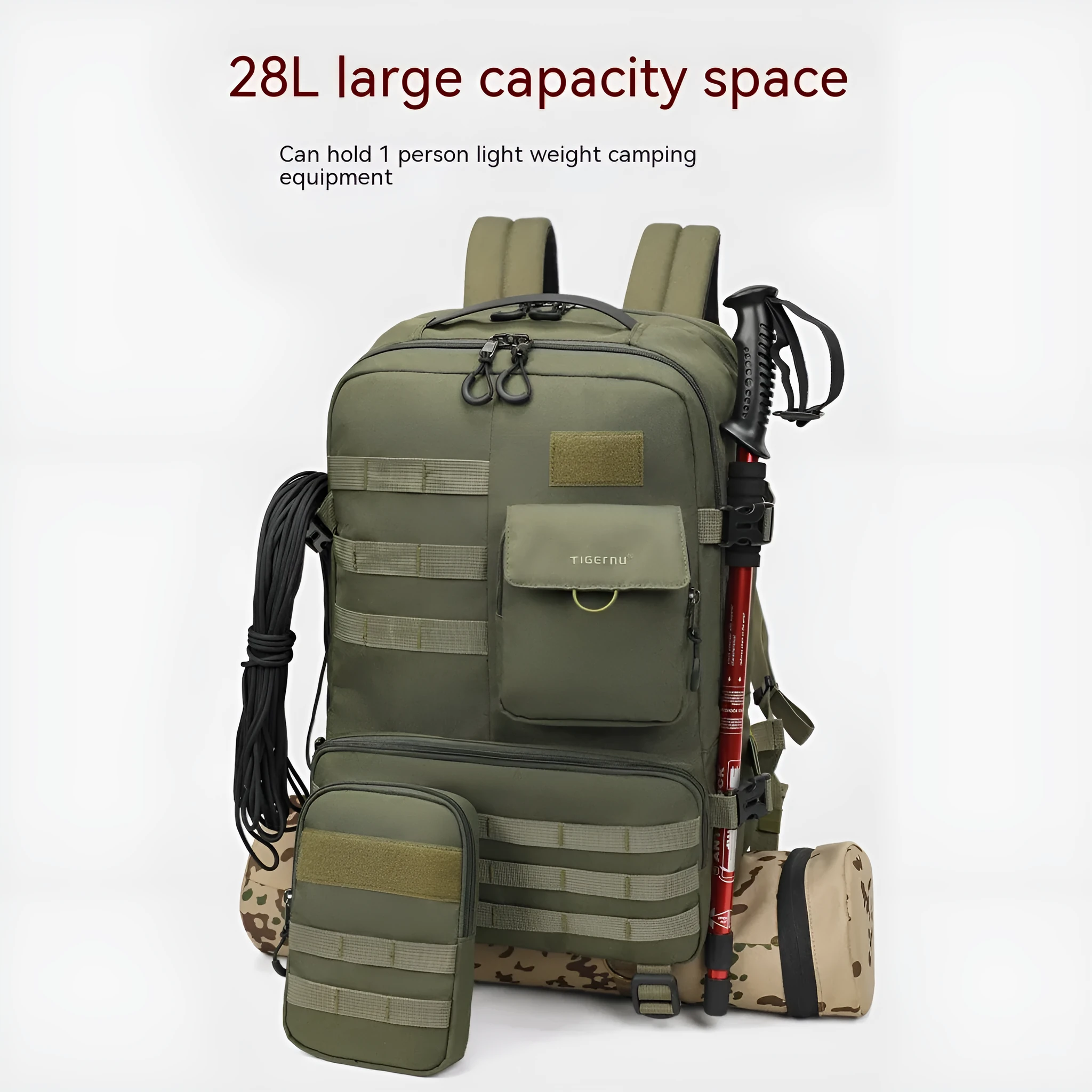 Army green waterproof tactical backpack with 17-inch frame and 20-35 litre capacity.