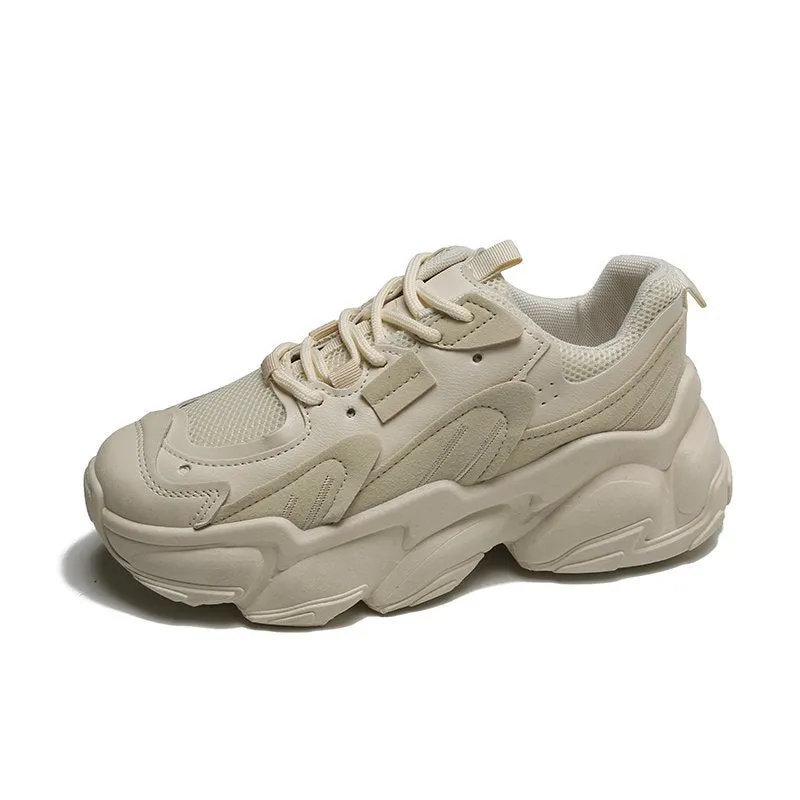 Beige Korean fashion breathable platform sneakers with cross-strap upper for women