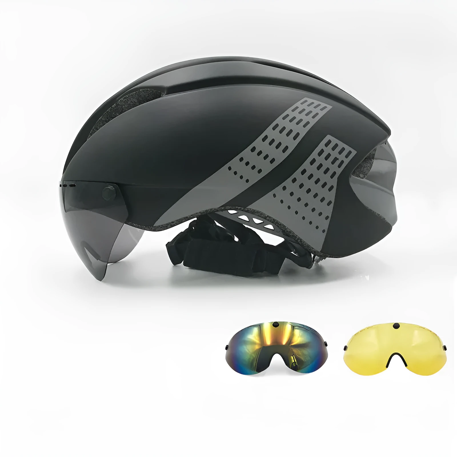 Mountain bike road bike helmet with magnetic goggles, PC EPS shell, 315g, 11 vents, silver-grey lens, Black Grey colour