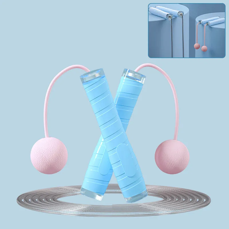 PU skipping rope with silicone handle in pink, blue, and black, shown with cordless ball option for indoor fitness training