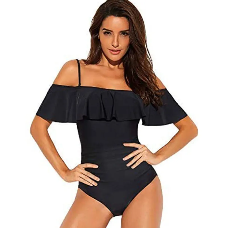 Black one-piece women's swimsuit with cut-out design and ruffled tube top straps