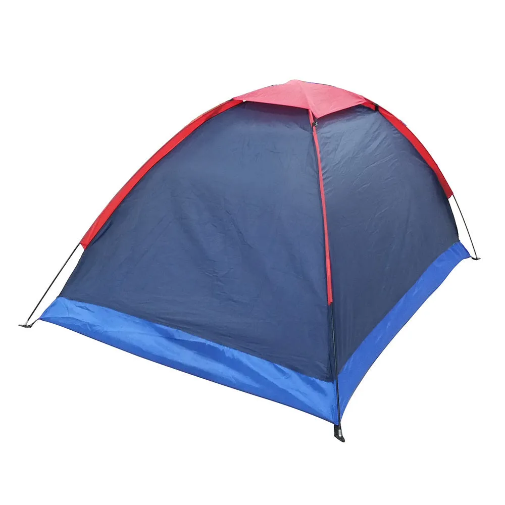 Navy blue outdoor double camping tent with glass fiber poles and Oxford cloth base on grass, 2-person size