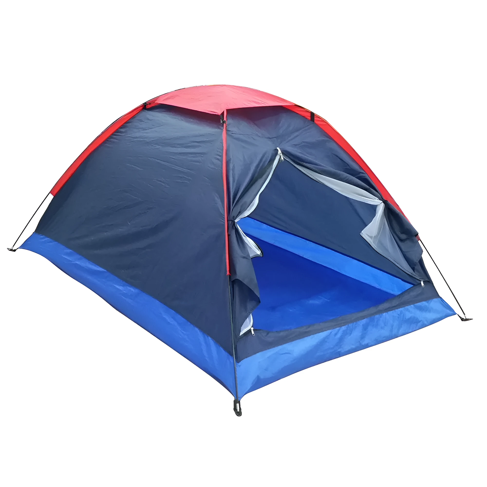 Navy blue outdoor double camping tent with glass fiber poles and Oxford cloth base on grass, 2-person size