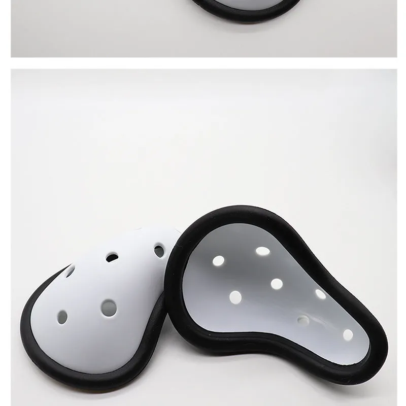 Rubber sports genital protector groin guard for adult and child sizes, used in boxing rugby hockey and martial arts.