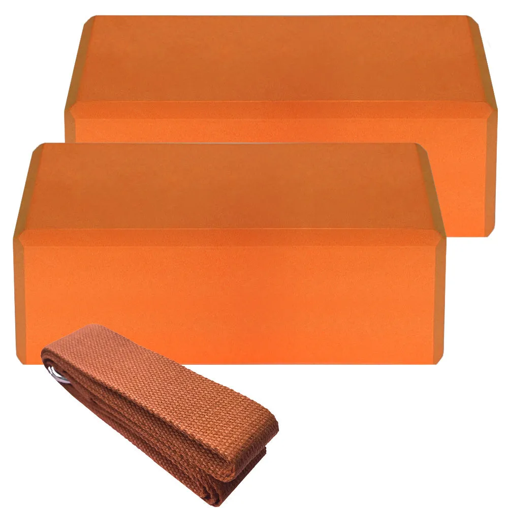 Set of two EVA yoga blocks and one cotton yoga strap in blue, green, and black options for indoor yoga and Pilates
