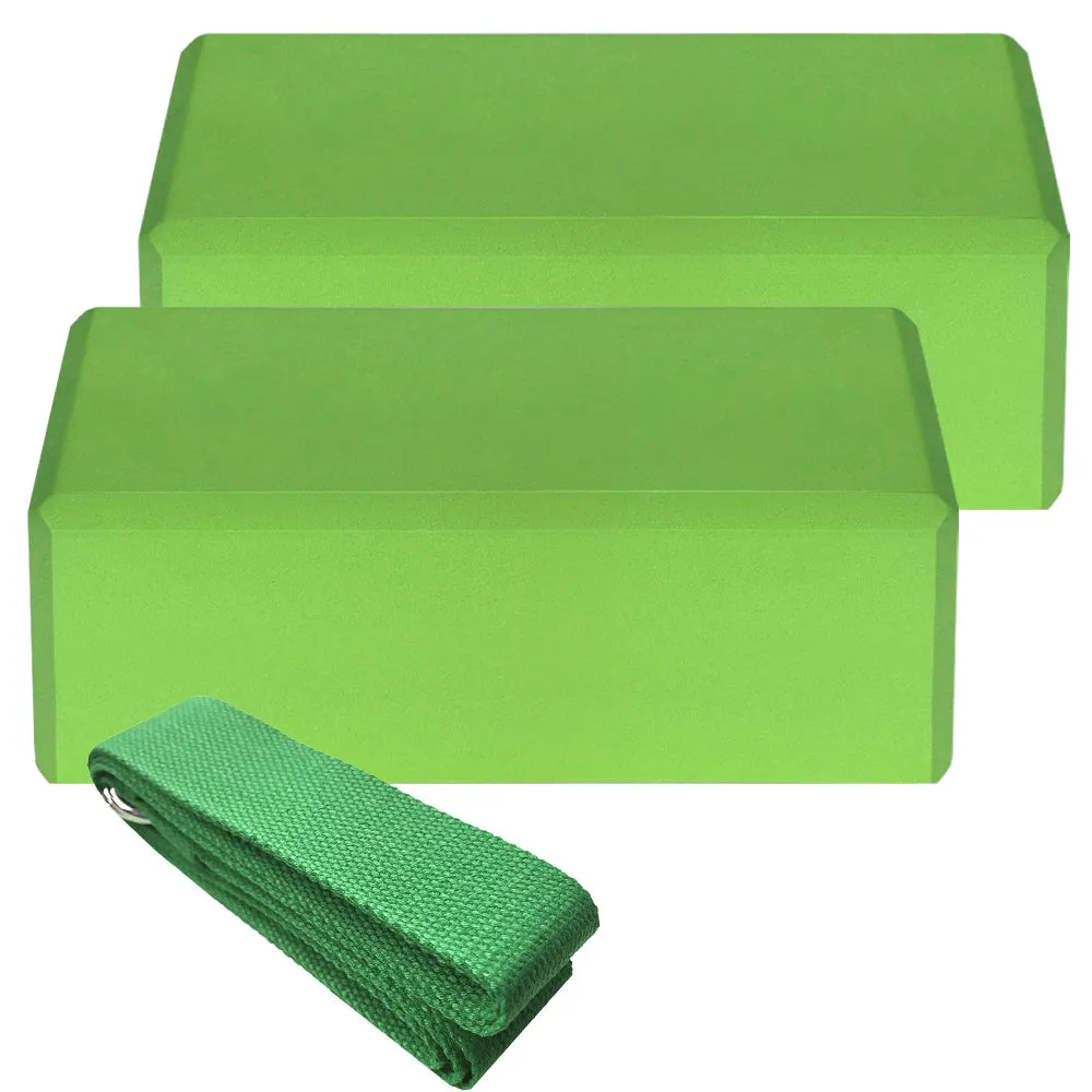 Set of two EVA yoga blocks and one cotton yoga strap in blue, green, and black options for indoor yoga and Pilates