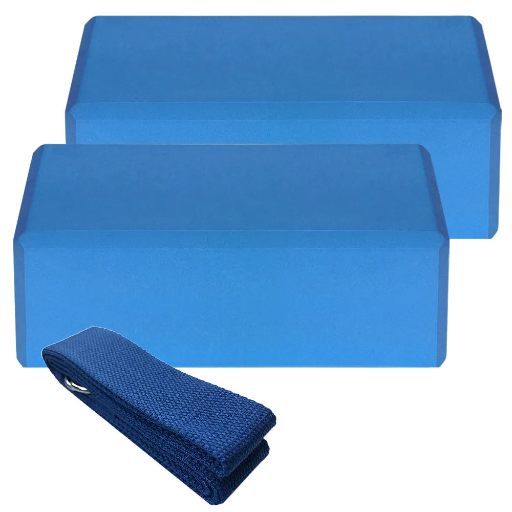 Set of two EVA yoga blocks and one cotton yoga strap in blue, green, and black options for indoor yoga and Pilates