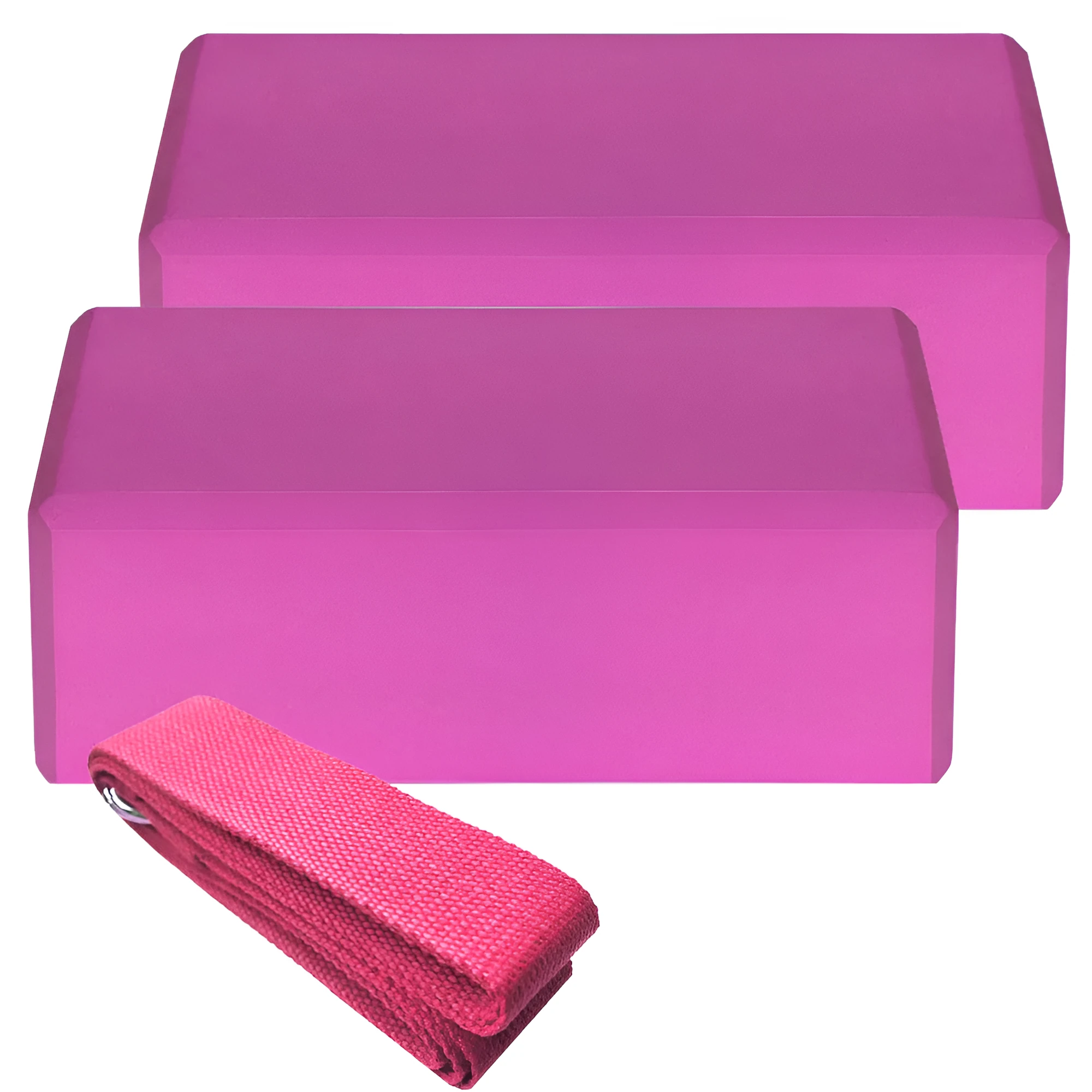 Set of two EVA yoga blocks and one cotton yoga strap in blue, green, and black options for indoor yoga and Pilates