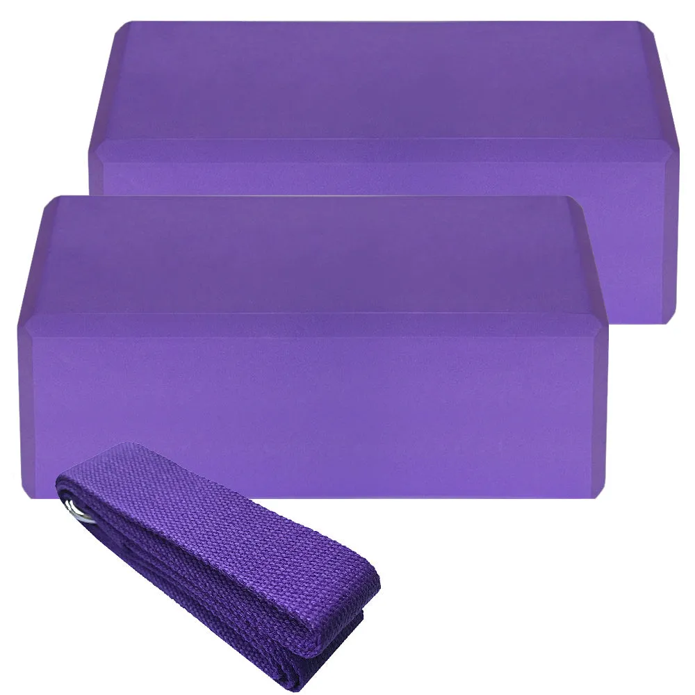 Set of two EVA yoga blocks and one cotton yoga strap in blue, green, and black options for indoor yoga and Pilates
