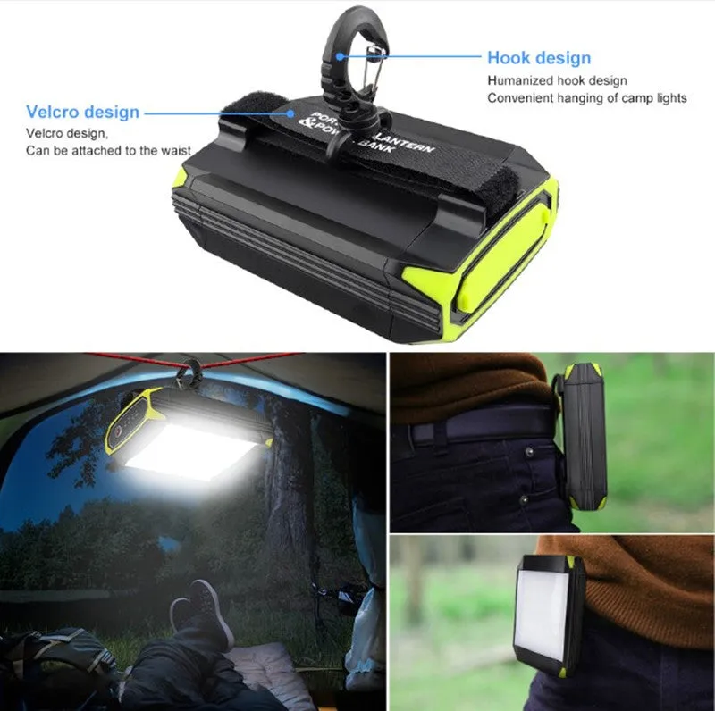 Rechargeable LED camping lantern with 5400mAh USB power bank, 30 LEDs, and nine light modes, black aluminium alloy and ABS body