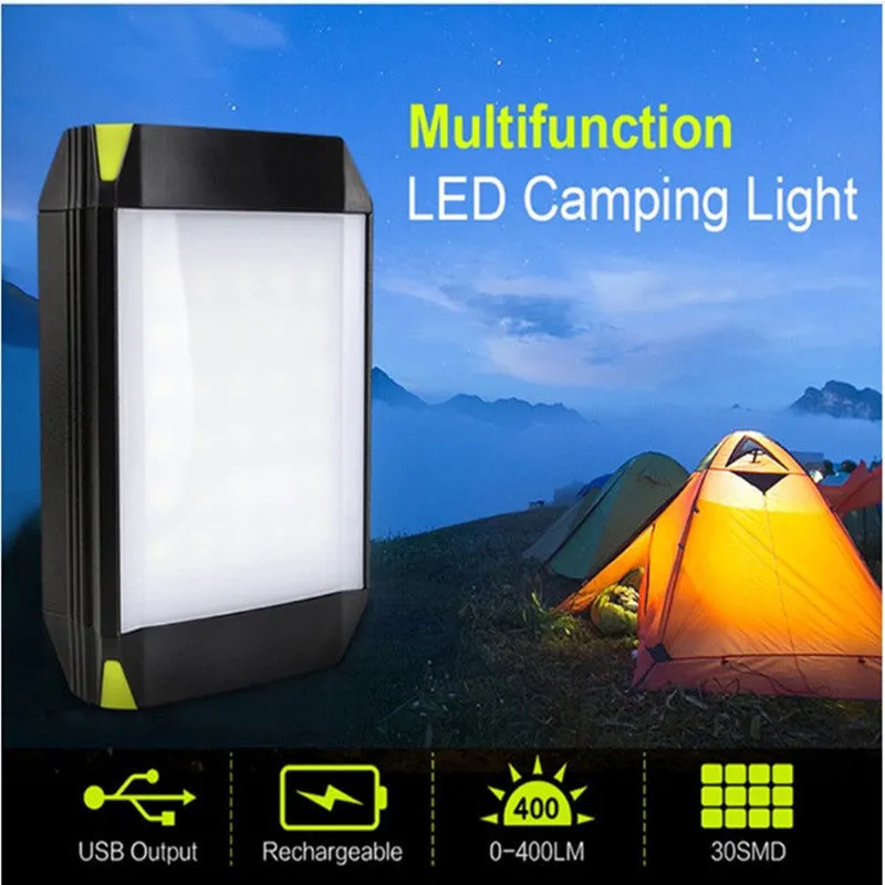 Rechargeable LED camping lantern with 5400mAh USB power bank, 30 LEDs, and nine light modes, black aluminium alloy and ABS body