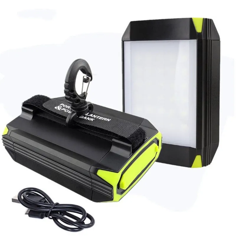 Rechargeable LED camping lantern with 5400mAh USB power bank, 30 LEDs, and nine light modes, black aluminium alloy and ABS body