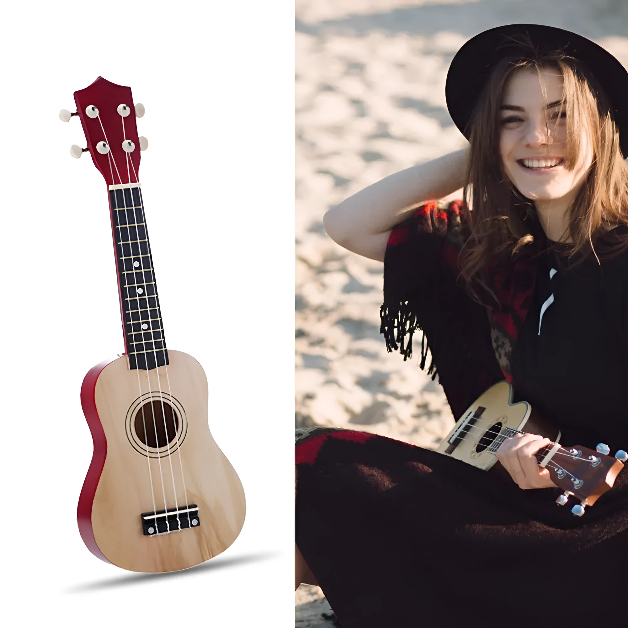 Junning 21-inch children's beginner ukulele with cowhide box in black