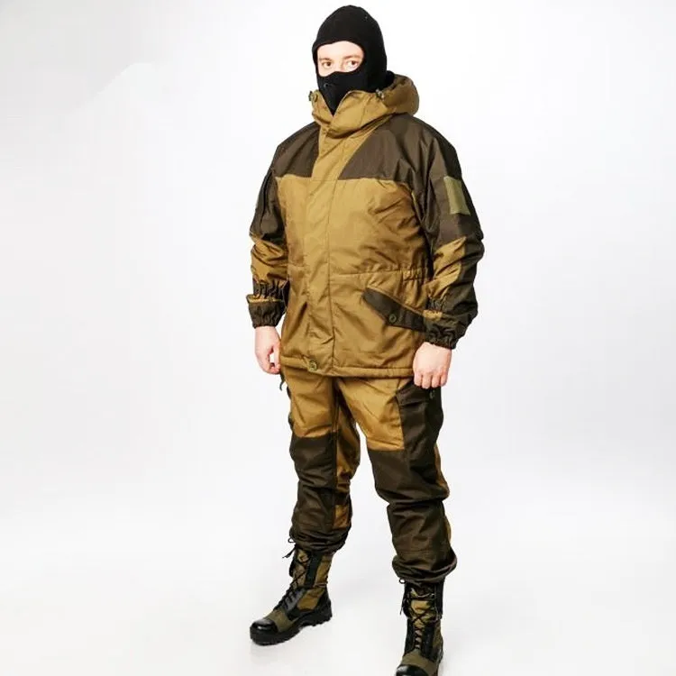 Men's Special Forces tactical combat uniform in cotton blend, featuring jacket and trousers, shown in camouflage green.