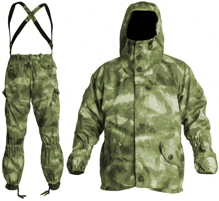 Men's Special Forces tactical combat uniform in cotton blend, featuring jacket and trousers, shown in camouflage green.