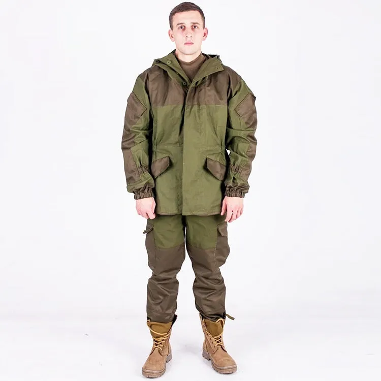 Men's Special Forces tactical combat uniform in cotton blend, featuring jacket and trousers, shown in camouflage green.