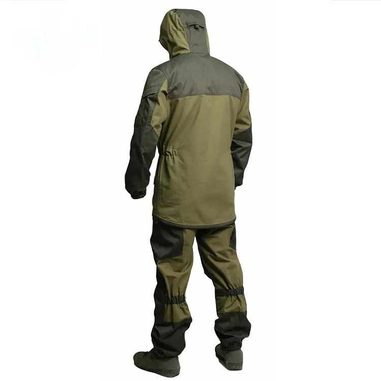 Men's Special Forces tactical combat uniform in cotton blend, featuring jacket and trousers, shown in camouflage green.
