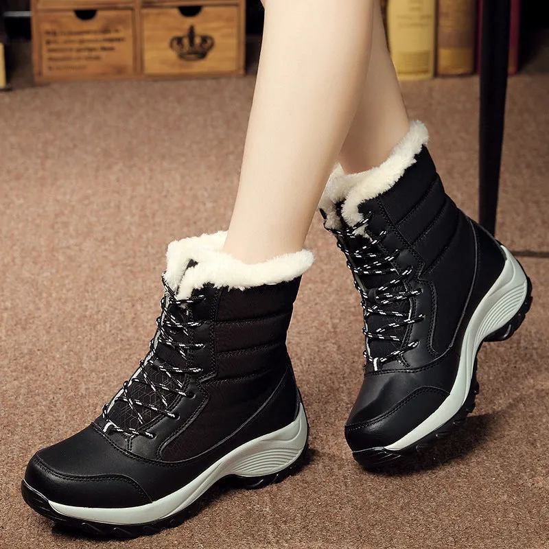 Plus velvet high-top women's waterproof snow boots in black with wedge heel and car suture detail
